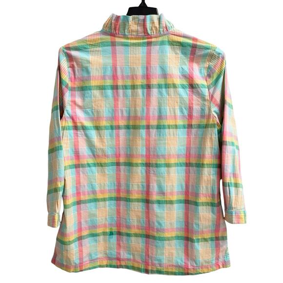 Crown & Ivy Pastel Plaid Ruffle Neck Top Preppy Old Money Classic Spring Summer - Picture 6 of 6
